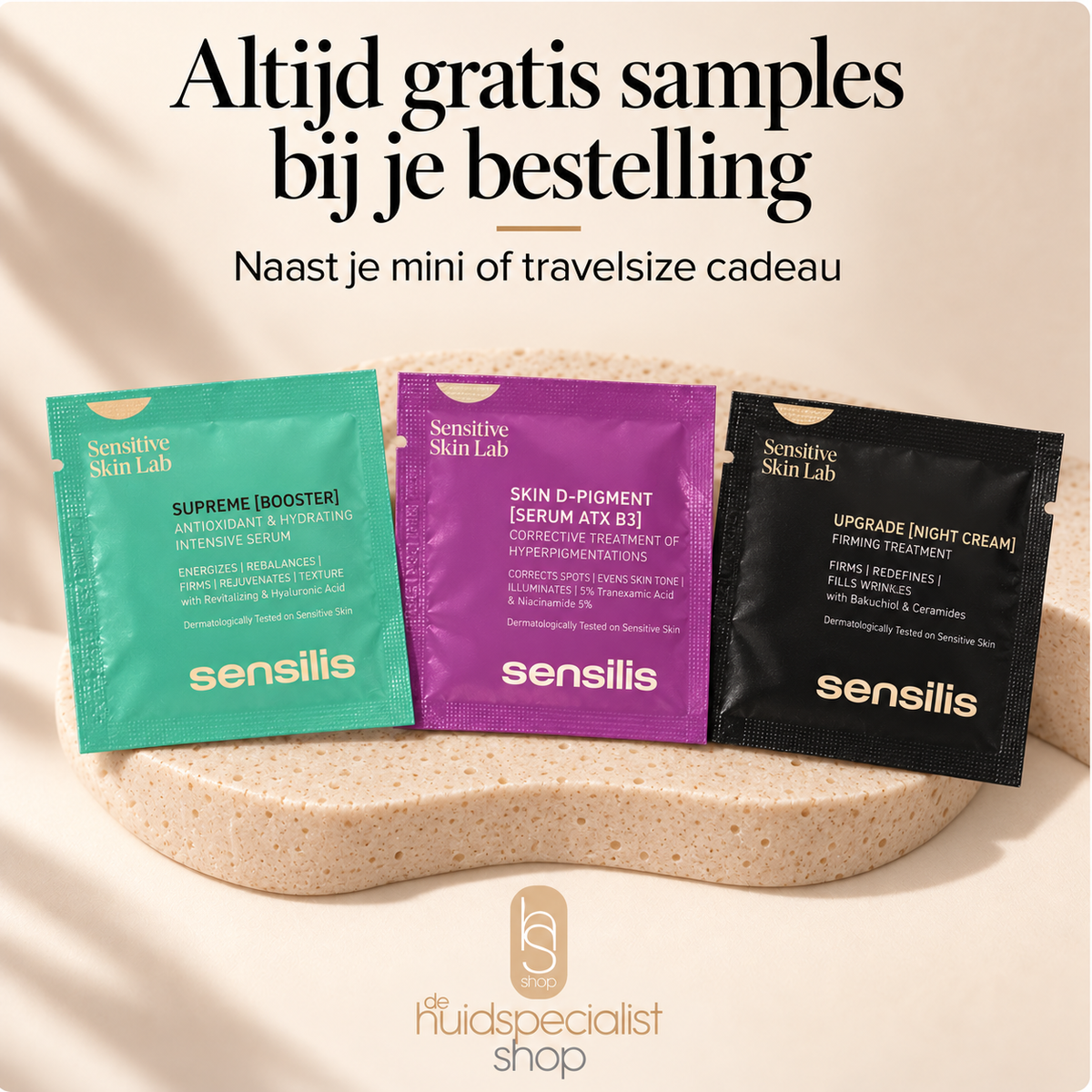 Sensilis samples — altijd gratis samples bij je bestelling, naast je mini of travelsize cadeau